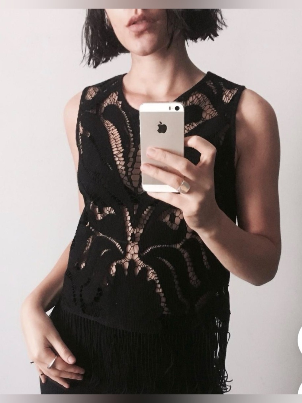 Festival Fringe Black Sz Medium Crochet Semi Sheer Lace Cut Out Sleeveless Tank